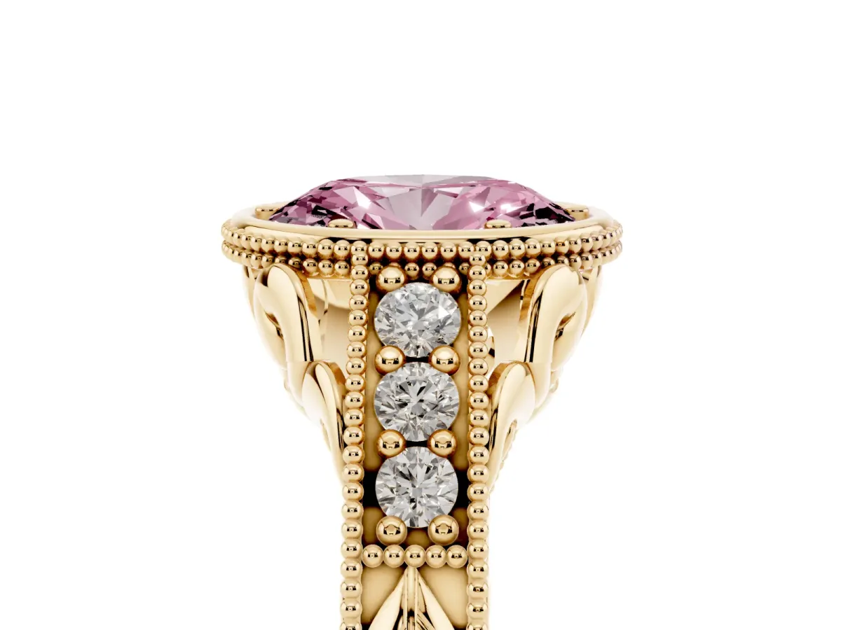 Fancy Pink Bezel Set Oval Cut Diamond Milgrain Pave Engagement Ring Yellow gold