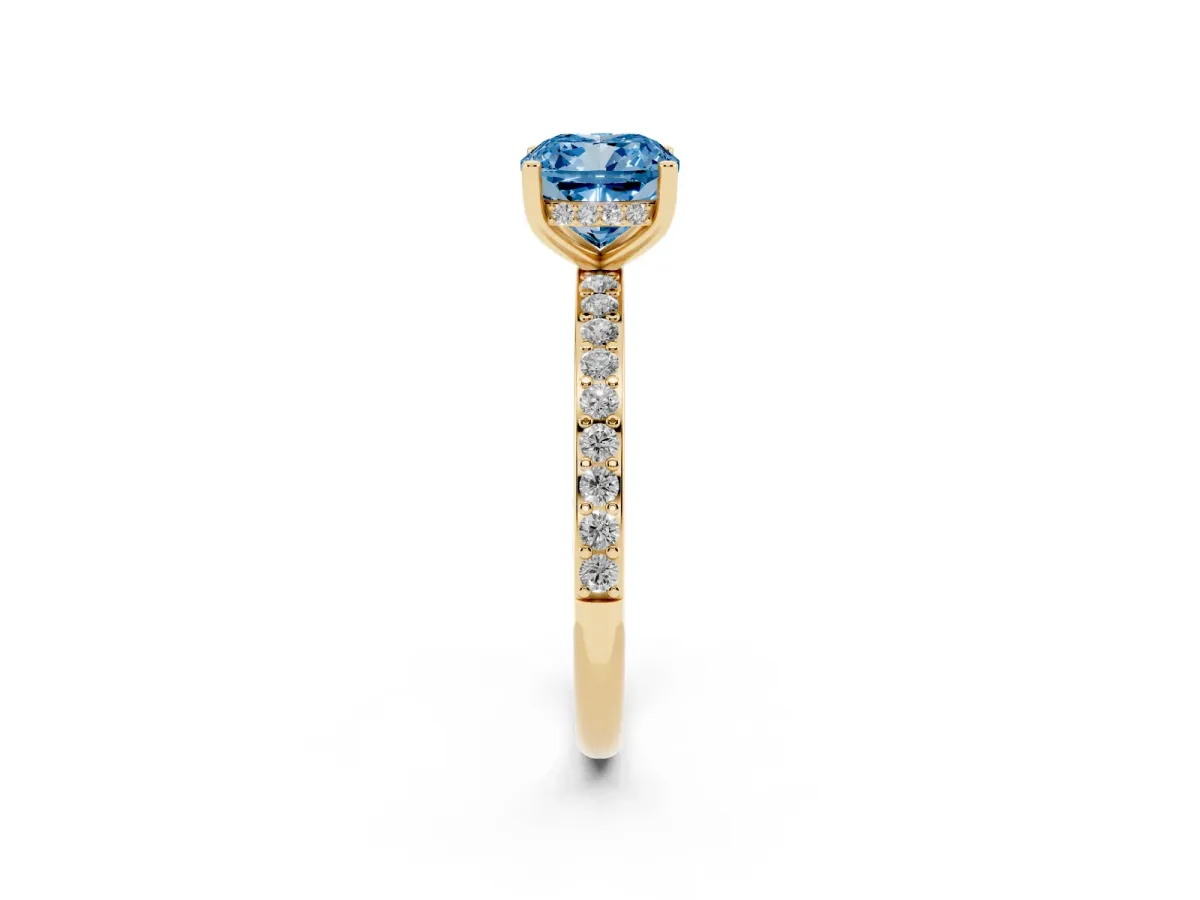 Fancy Blue Cushion Cut Cut Diamond Pavé Band Ring with Four-Prong Setting Yellow gold