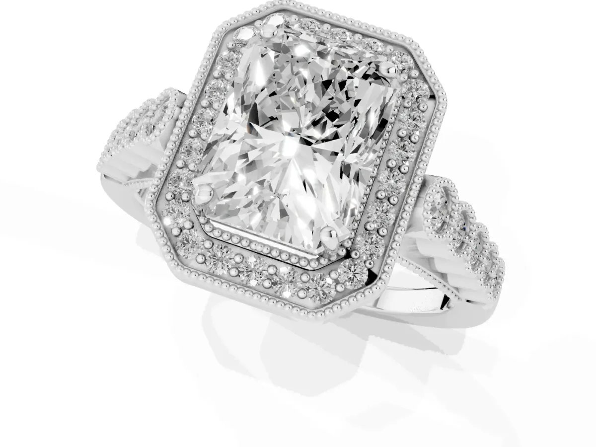Radiant Cut Halo Milgrain Solitaire with Bezel Set Side Stones and Pave Band Platinum