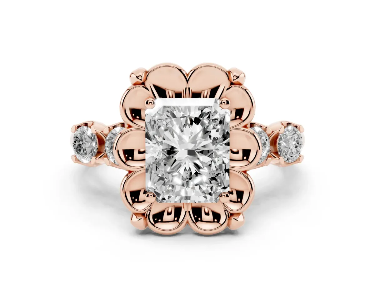 Radiant Cut Cut Diamond Floral Halo Engagement Ring with Shared Prong Setting Rose gold