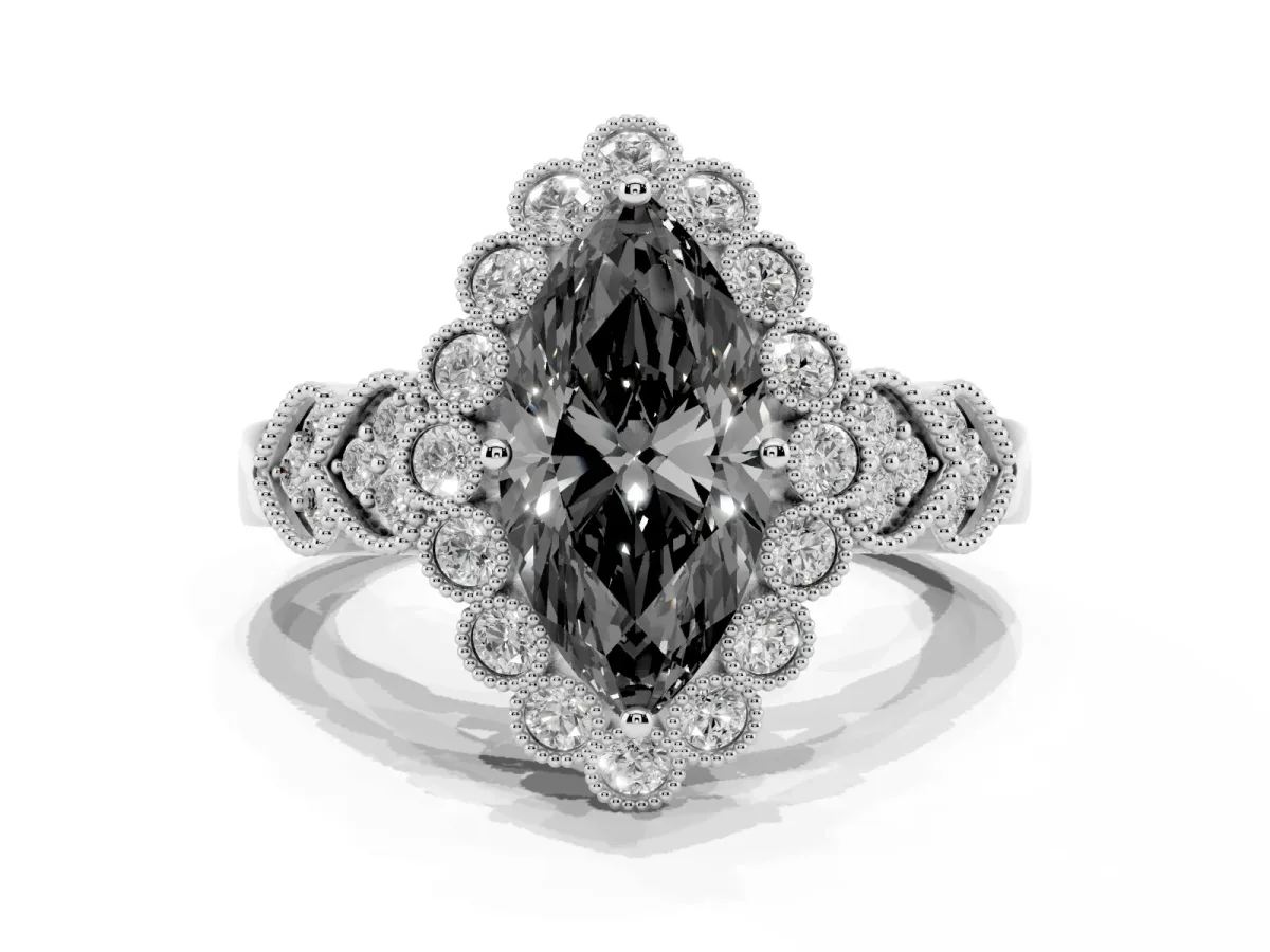 Fancy Black Marquise Cut Brilliant Milgrain Pave Heart Band Solitaire Ring Platinum