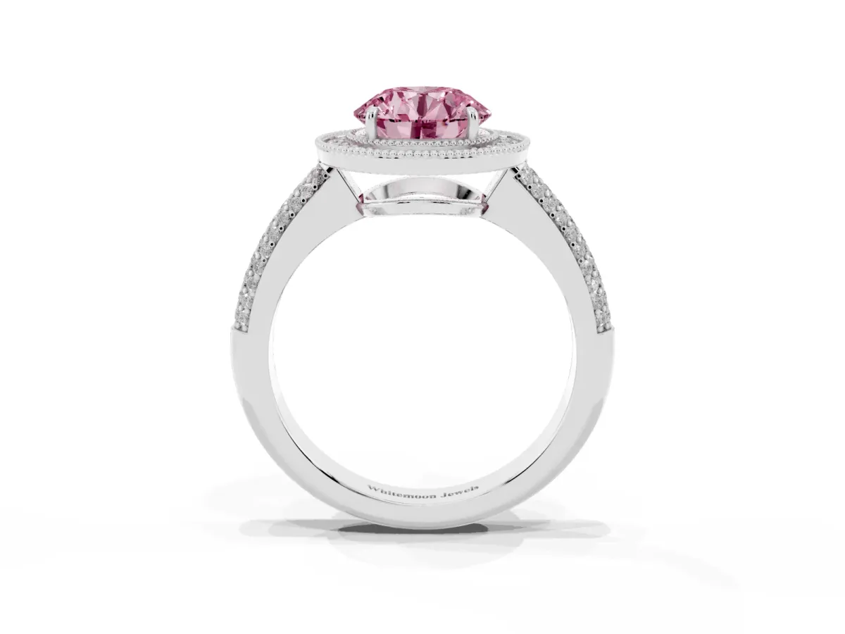 Fancy Pink Round Cut Cut Halo Diamond Pave Band with Four-Prong Setting Silver