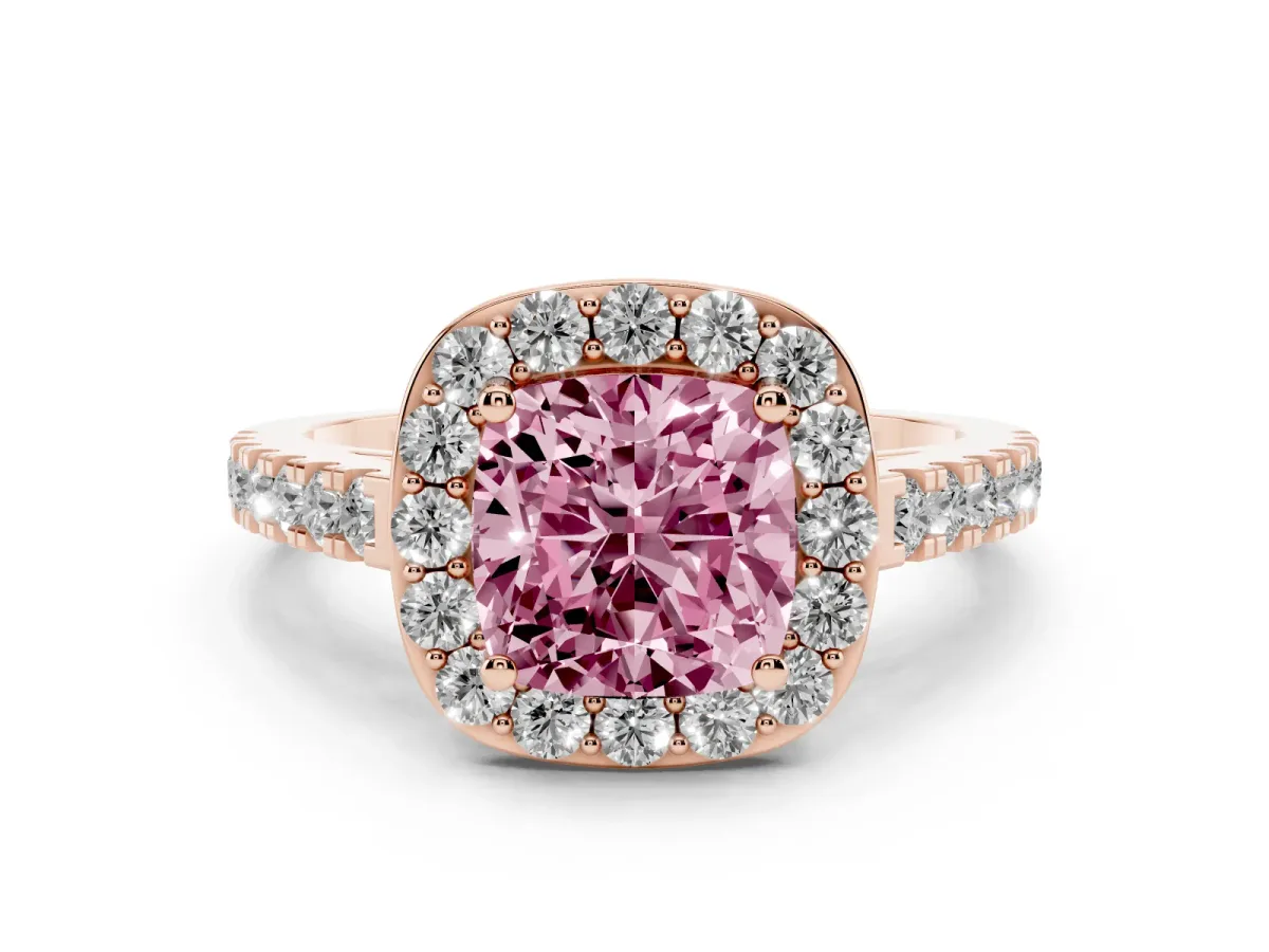 Fancy Pink Cushion Cut Diamond Halo Ring with Round Pavé Split Shank and Prong Setting Rose gold