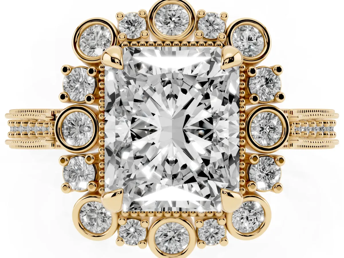 Radiant Cut Halo Milgrain Pave Diamond Ring with Four-Prong Setting Yellow gold
