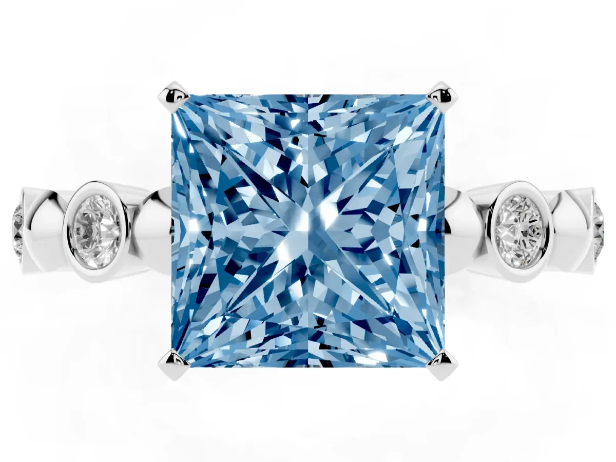 Fancy Blue Princess Cut Solitaire Bezel-Set Diamond Ring with Beaded Band and Four-Prong Setting Silver
