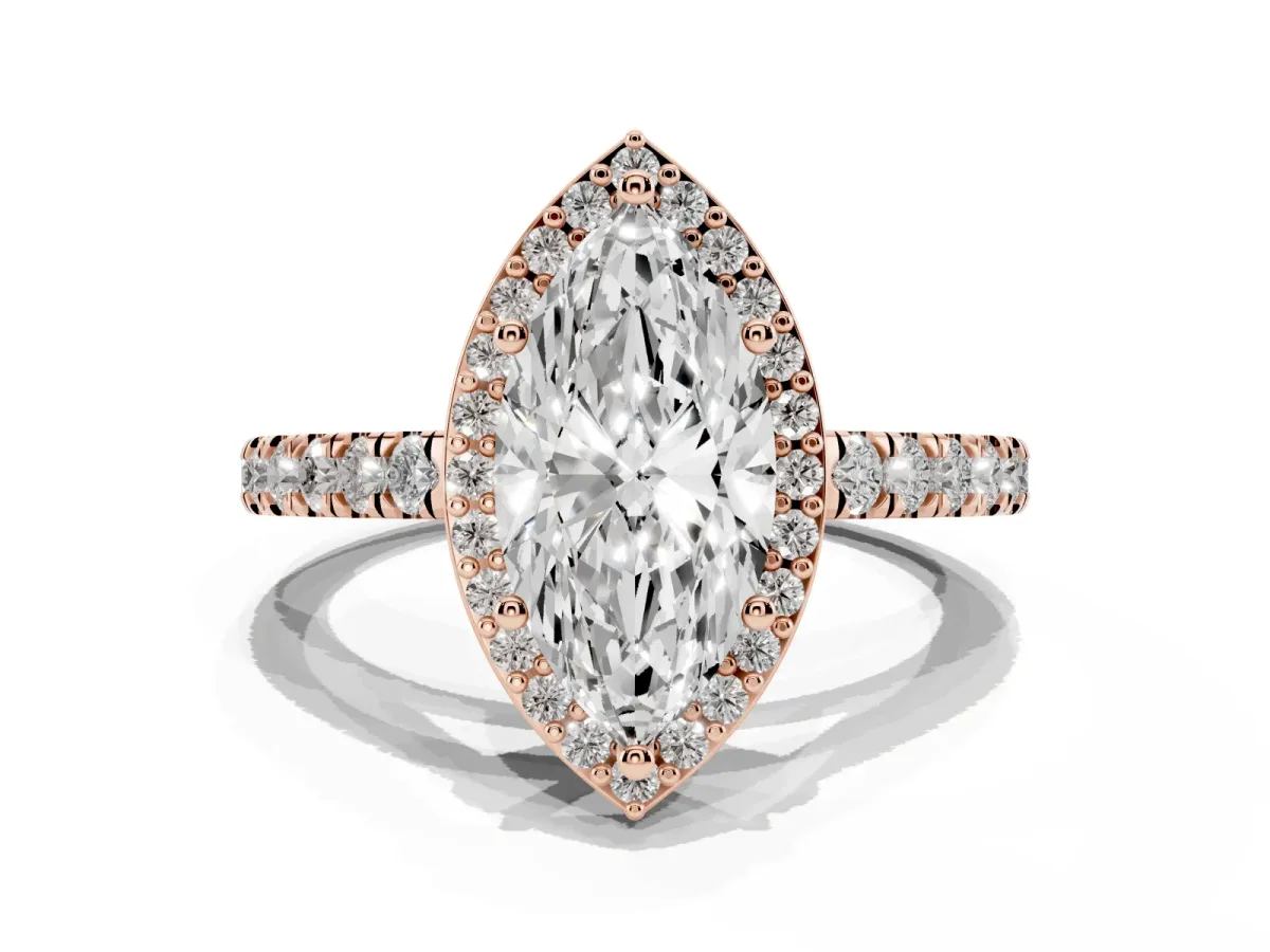 Marquise Cut Cut Halo Diamond Engagement Ring with Pave Band and Four-Prong Setting Rose gold