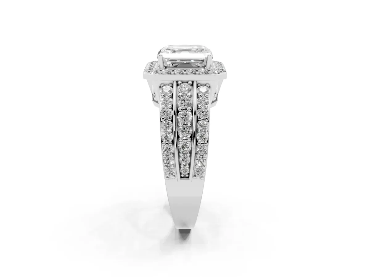 Asscher Cut Halo Diamond Ring with Round Split Shank and Prong Setting Silver
