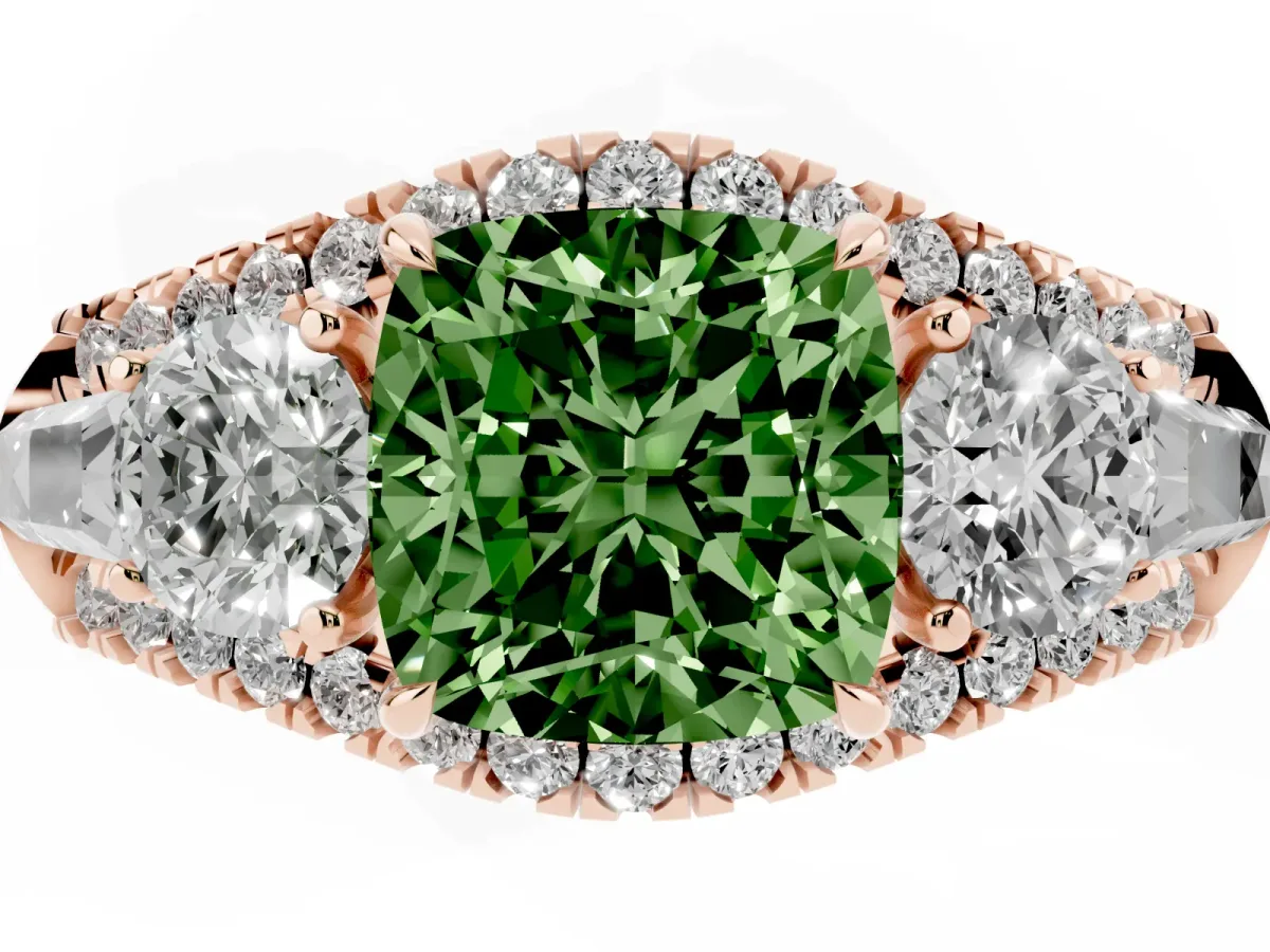 Fancy Green Three-Stone Cushion Cut Diamond Engagement Ring with Pave Band and Prong Setting Rose gold