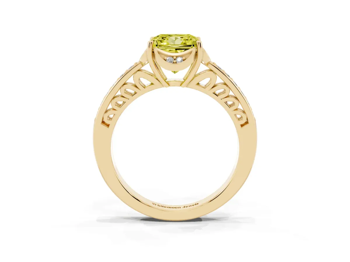 Fancy Yellow Princess Cut Cut Halo Diamond Ring with Channel Set Band and Four-Prong Setting Yellow gold