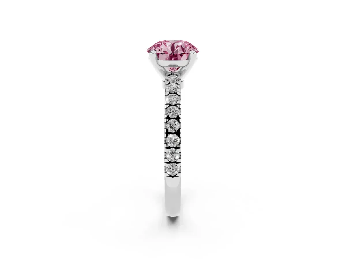 Fancy Pink Round Cut Solitaire Diamond with Pavé Band and Four-Prong Setting Silver