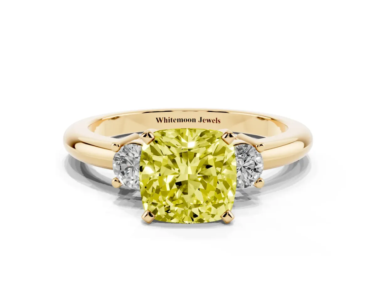 Fancy Yellow Three-Stone Cushion Cut Cut Diamond Solitaire with Prong Setting and Classic Band Yellow gold