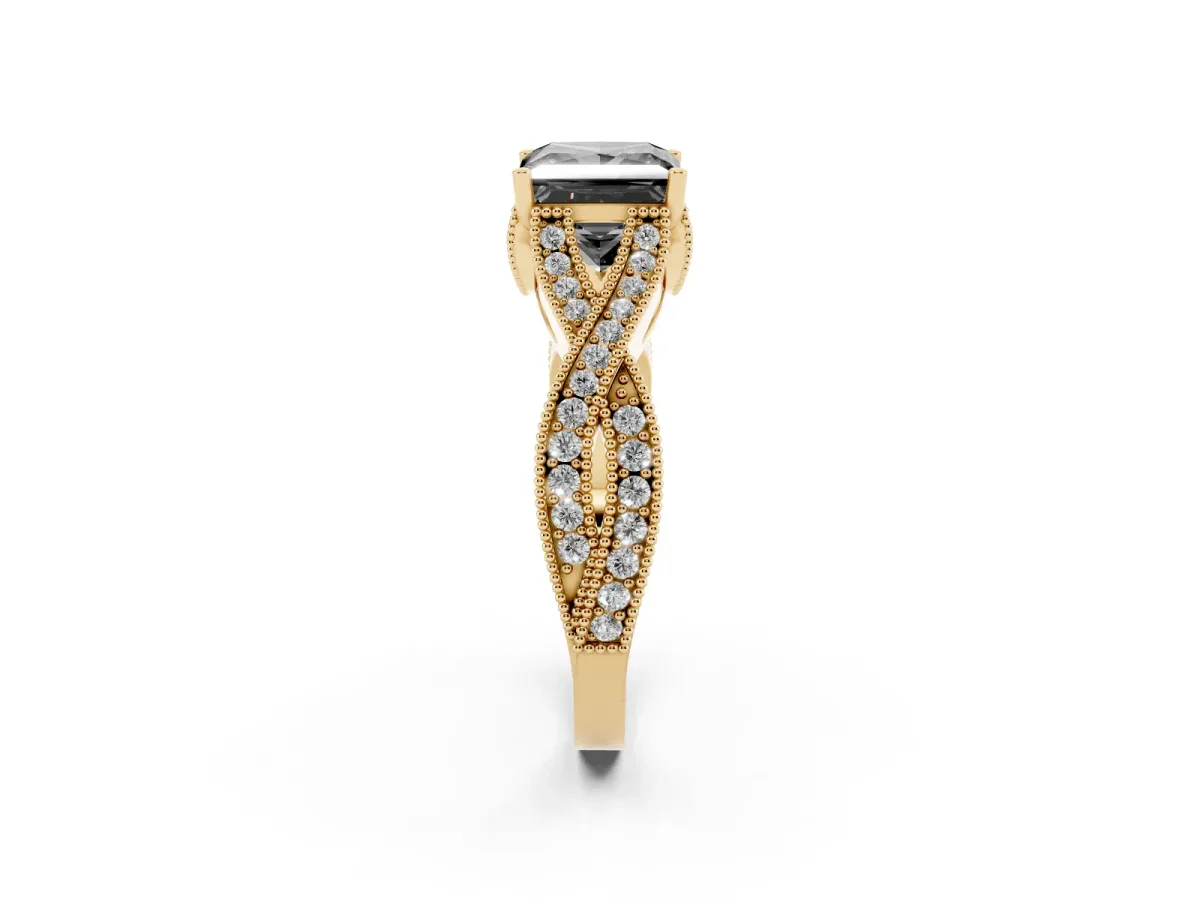 Fancy Black Princess Cut Cut Diamond Twisted Band with Milgrain Pave Setting and Four-Prong Setting Yellow gold