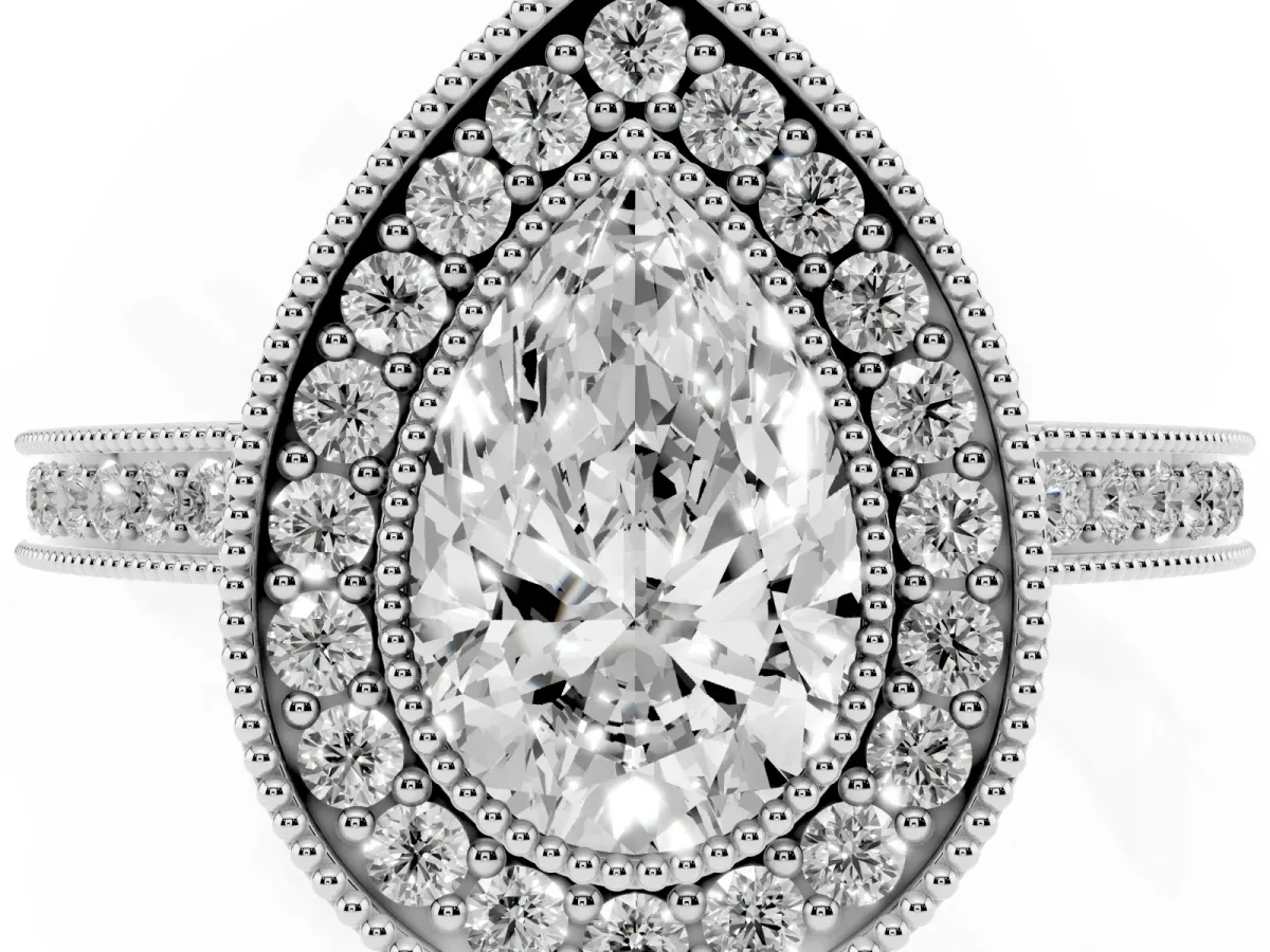 Pear Cut Cut Halo Diamond Ring with Pavé Band and Milgrain Prong Setting Silver