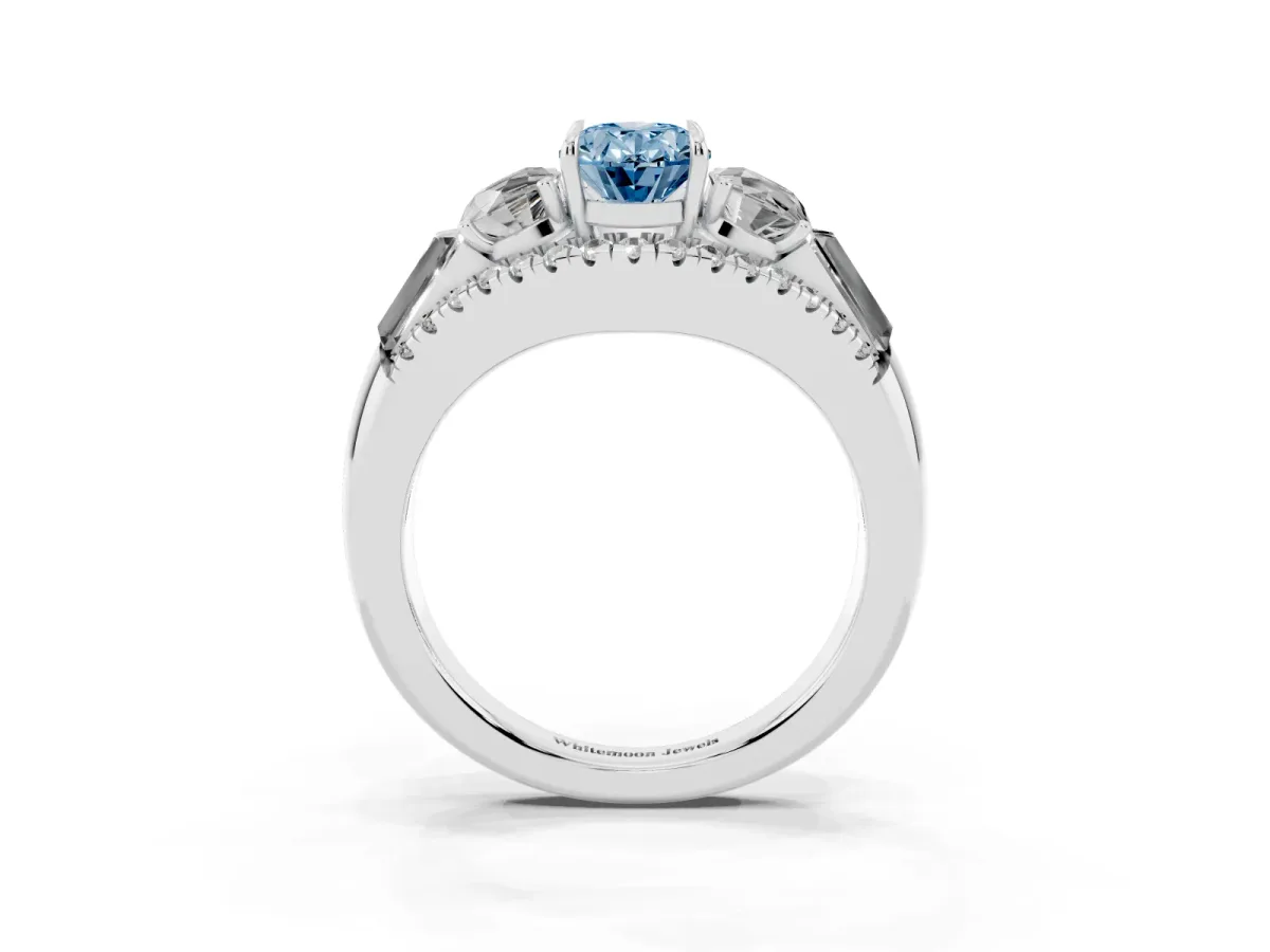 Fancy Blue Three-Stone Oval Cut Diamond Engagement Ring with Pave Band and Prong Setting Silver
