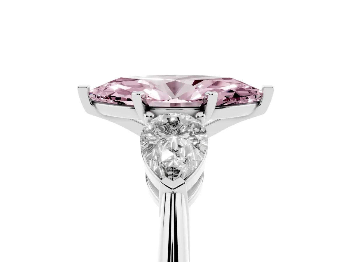Fancy Pink Three-Stone Marquise Cut Diamond Ring with Pear Side Stones and Four-Prong Setting Silver