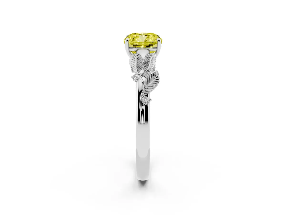 Fancy Yellow Cushion Cut Diamond Solitaire Ring with Leaf Motif Band and Four-Prong Setting Platinum