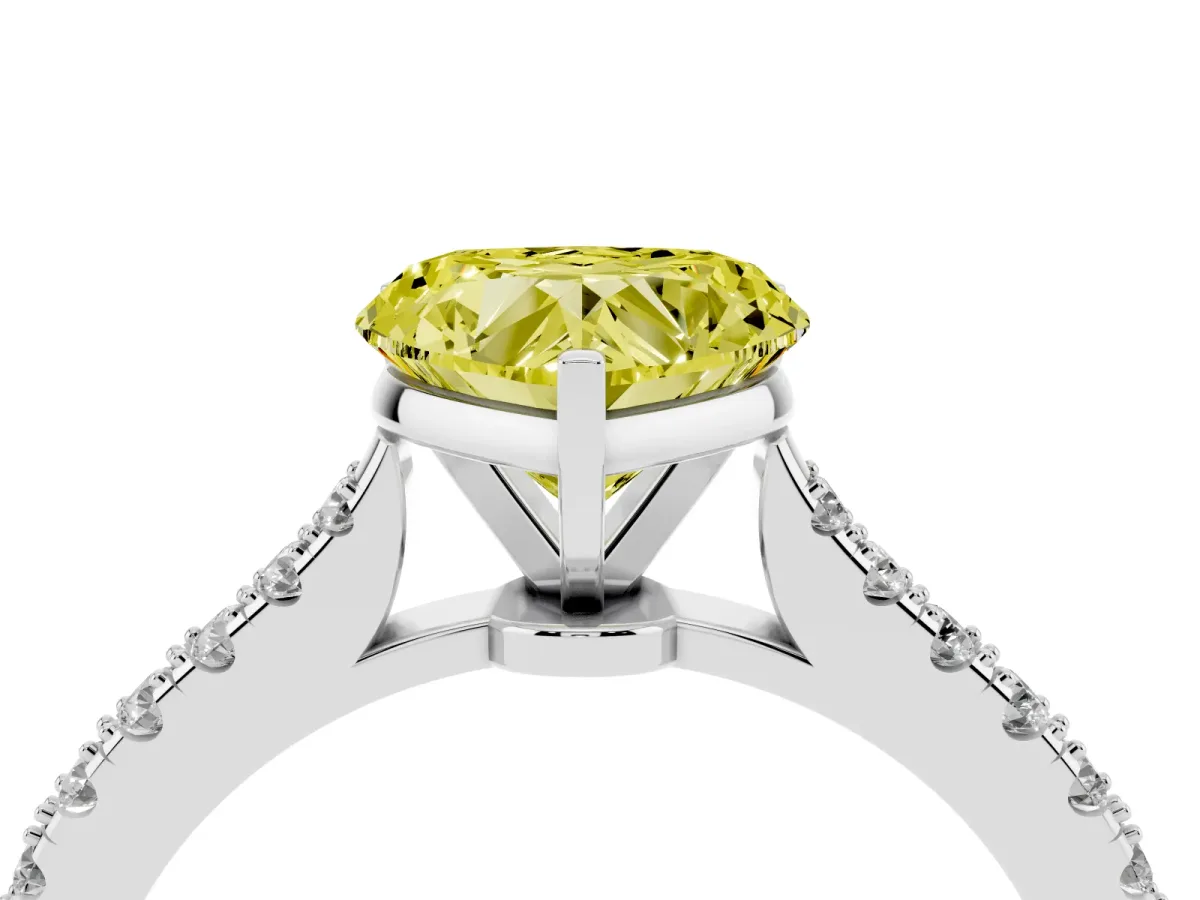 Fancy Yellow Heart Cut Cut Solitaire Diamond Engagement Ring with Pave Band and Four-Prong Setting Platinum
