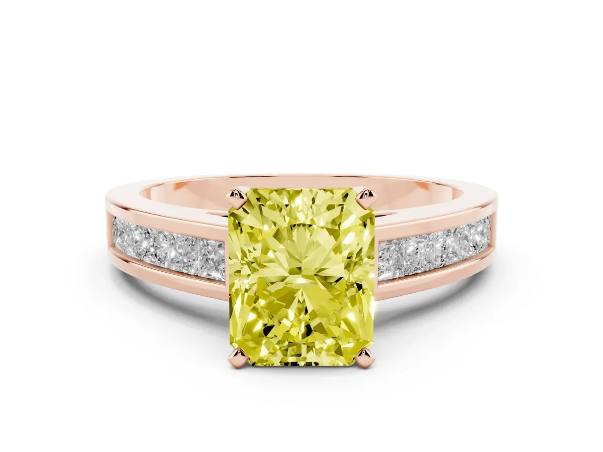 Fancy Yellow Radiant Cut Solitaire Diamond Ring with Channel-Set Band and Four-Prong Setting Rose gold