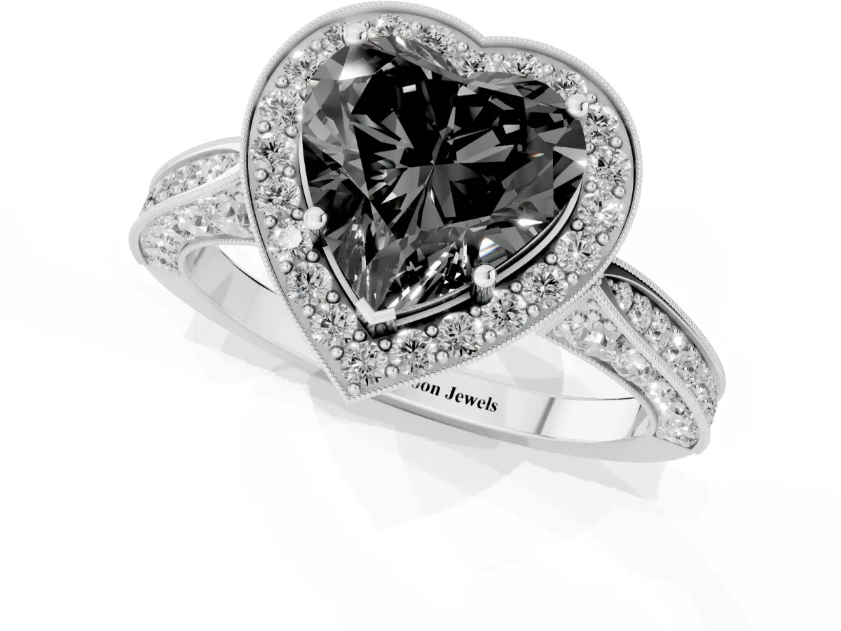 Fancy Black Heart Cut Halo Diamond Engagement Ring with Split Shank Band and Four-Prong Setting Silver