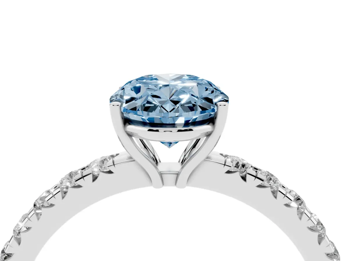 Fancy Blue Oval Cut Diamond Pavé Solitaire Engagement Ring with Four-Prong Setting Platinum