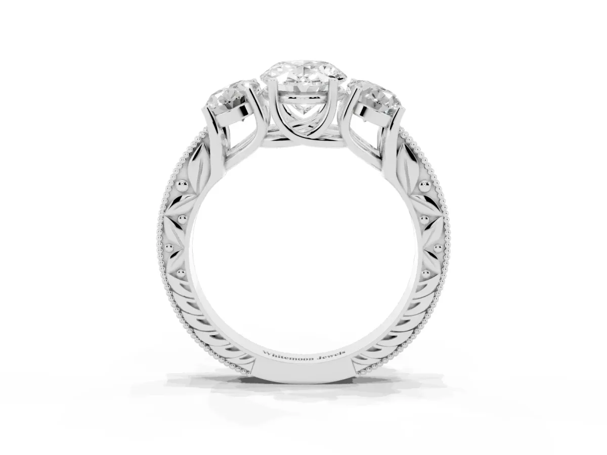 Three-Stone Oval Cut Cut Milgrain Pavé Engagement Ring White gold