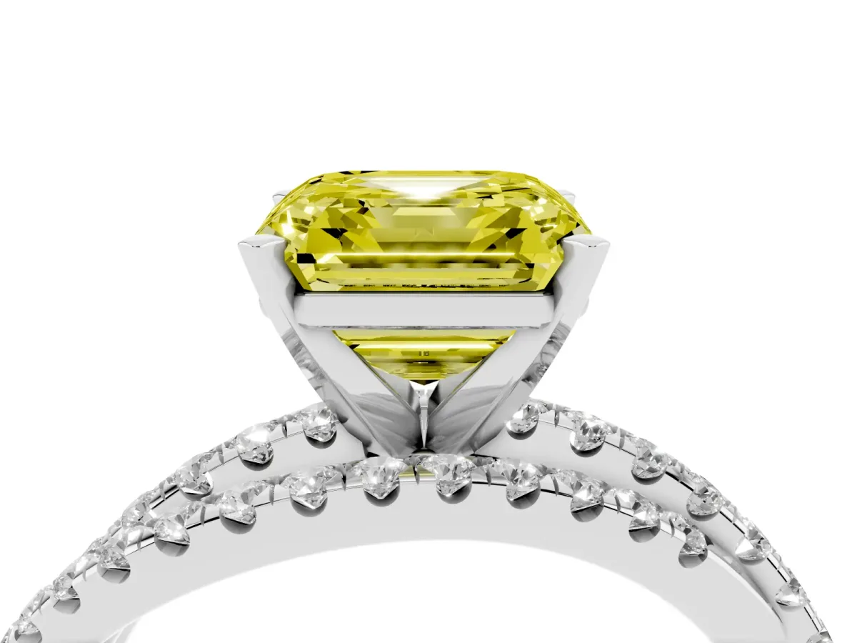 Fancy Yellow Asscher Cut Solitaire Twist Band with Pavé Setting and Four-Prong Setting Silver