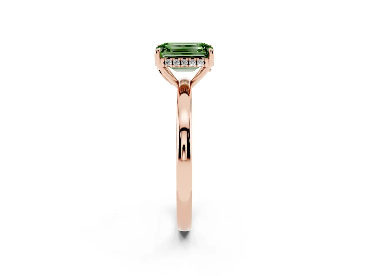 Fancy Green Emerald Cut Solitaire Diamond Ring with Prong Setting and Plain Band Rose gold