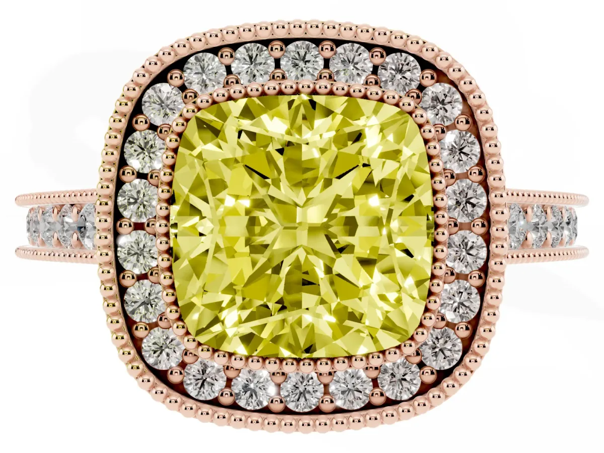 Fancy Yellow Halo Cushion Cut-Cut Diamond Pave Band Milgrain Prong Setting Ring Rose gold
