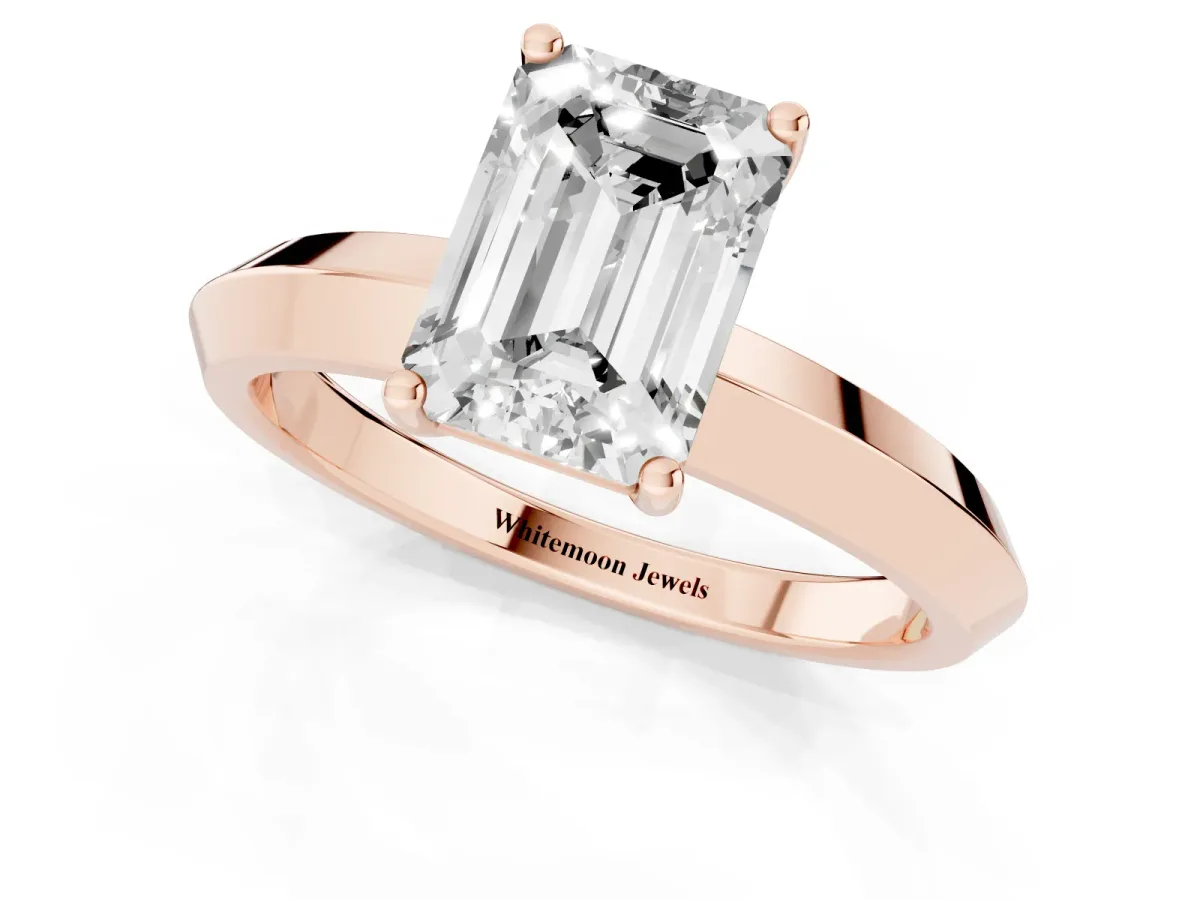 Emerald Cut Cut Solitaire Engagement Ring with Flat Band and Four-Prong Setting Rose gold