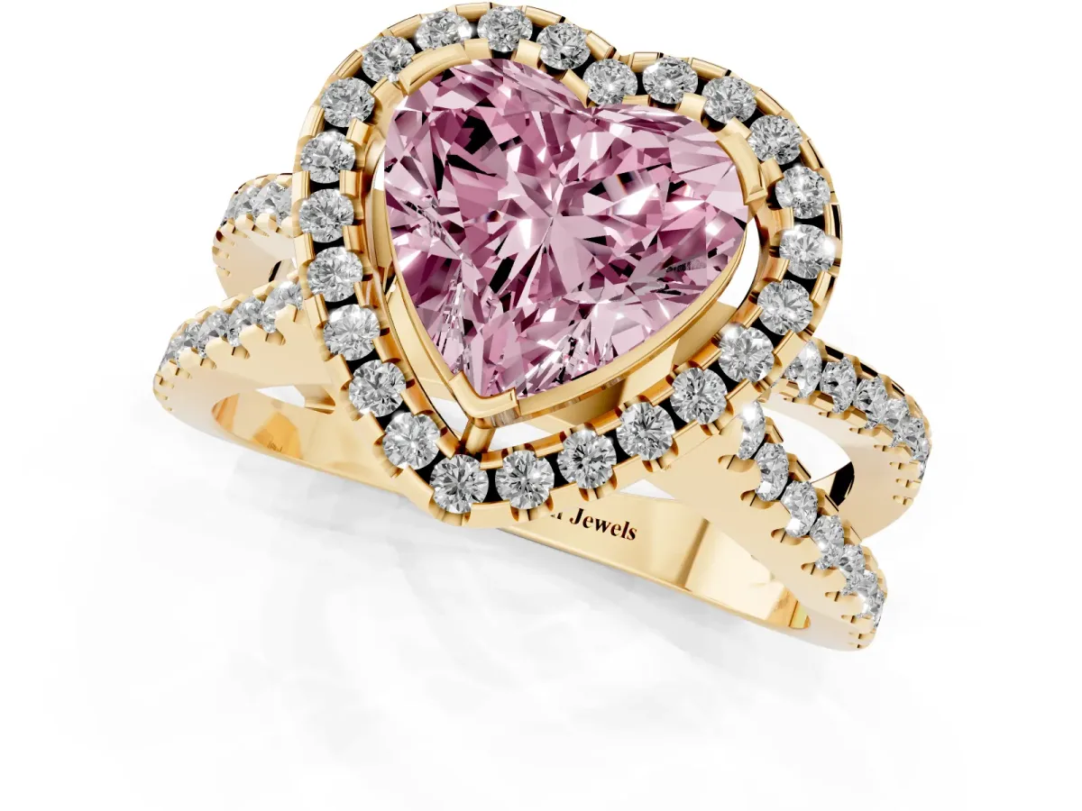 Fancy Pink Heart Cut Diamond Halo Ring with Split Shank Pavé Band and Prong Setting Yellow gold