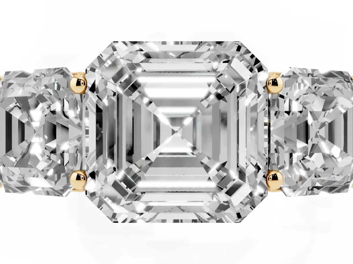 Asscher Cut Three-Stone Diamond Ring with Prong Setting on a Classic Band Yellow gold