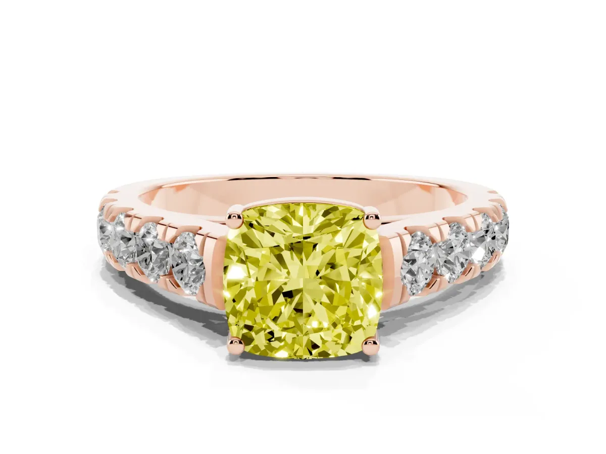 Fancy Yellow Cushion Cut Cut Diamond Solitaire Ring with Micro Pave Band and Prong Setting Rose gold
