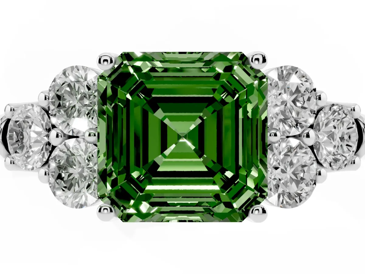 Fancy Green Asscher Cut Cut Diamond Cluster Ring with Round Accent Stones and Prong Setting on a Classic Band Silver