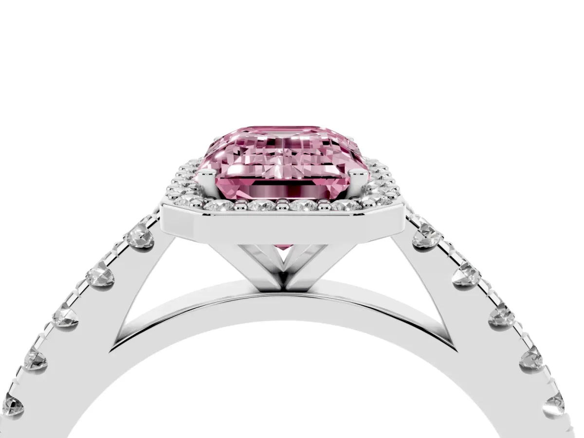Fancy Pink Emerald Cut Cut Halo Diamond Engagement Ring with Pave Band and Four-Prong Setting White gold