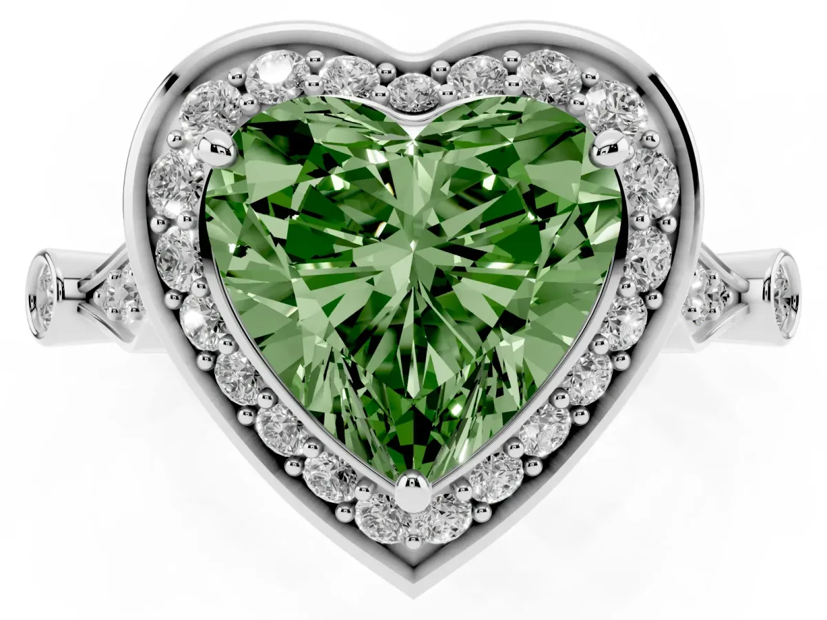 Fancy Green Heart Cut Halo Diamond Engagement Ring with Twisted Band and Four-Prong Setting Platinum