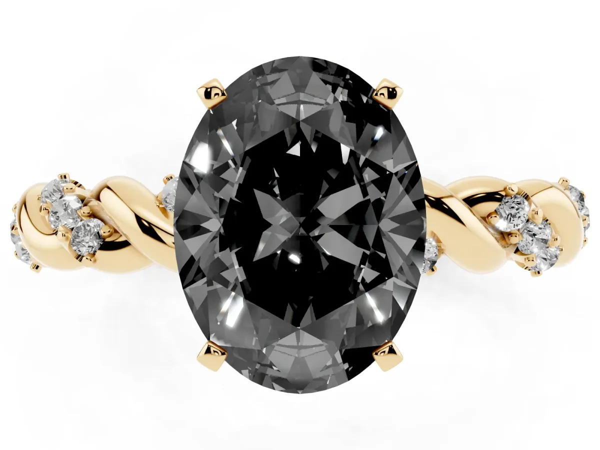 Fancy Black Oval Cut Diamond Solitaire Ring with Twisted Band and Pavé Accents Yellow gold