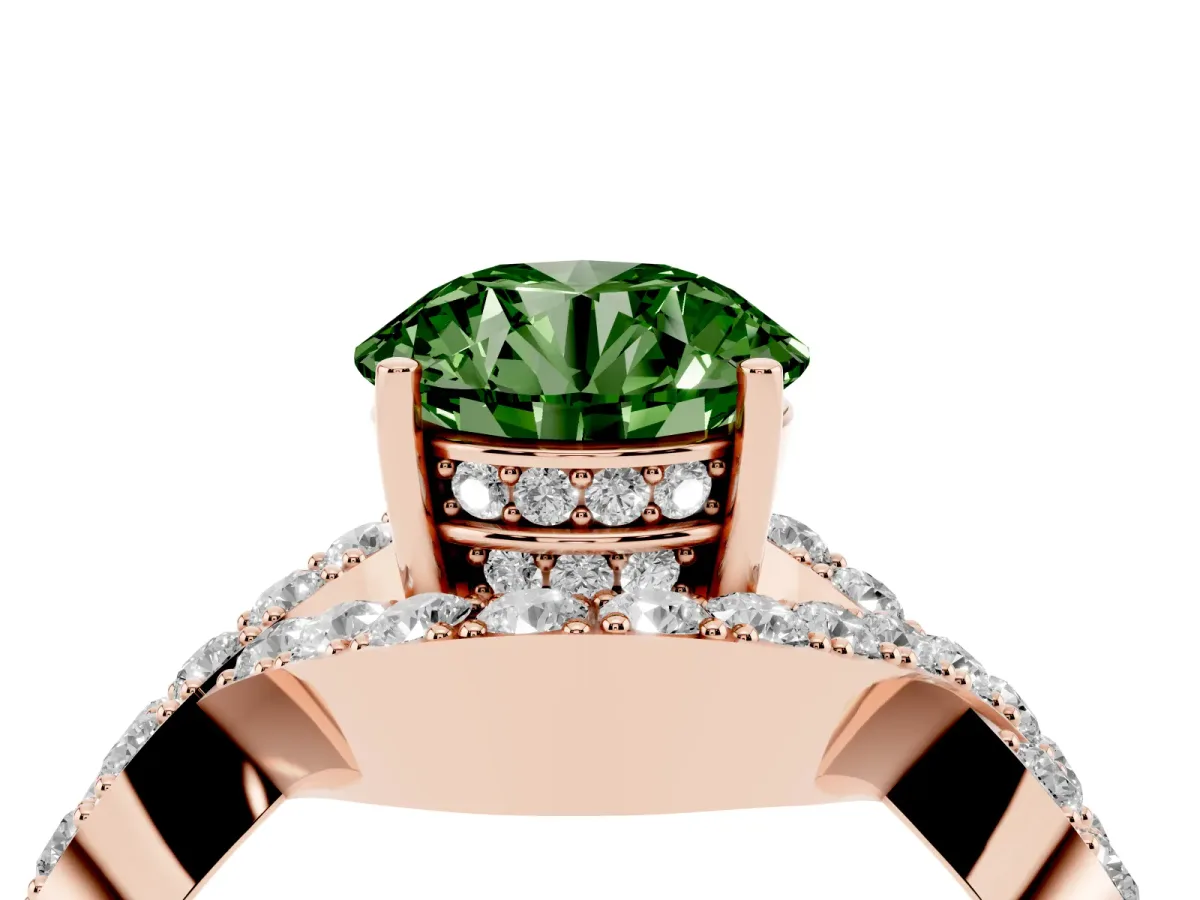 Fancy Green Round Cut Solitaire Twist Band Pavé Diamond Engagement Ring Rose gold