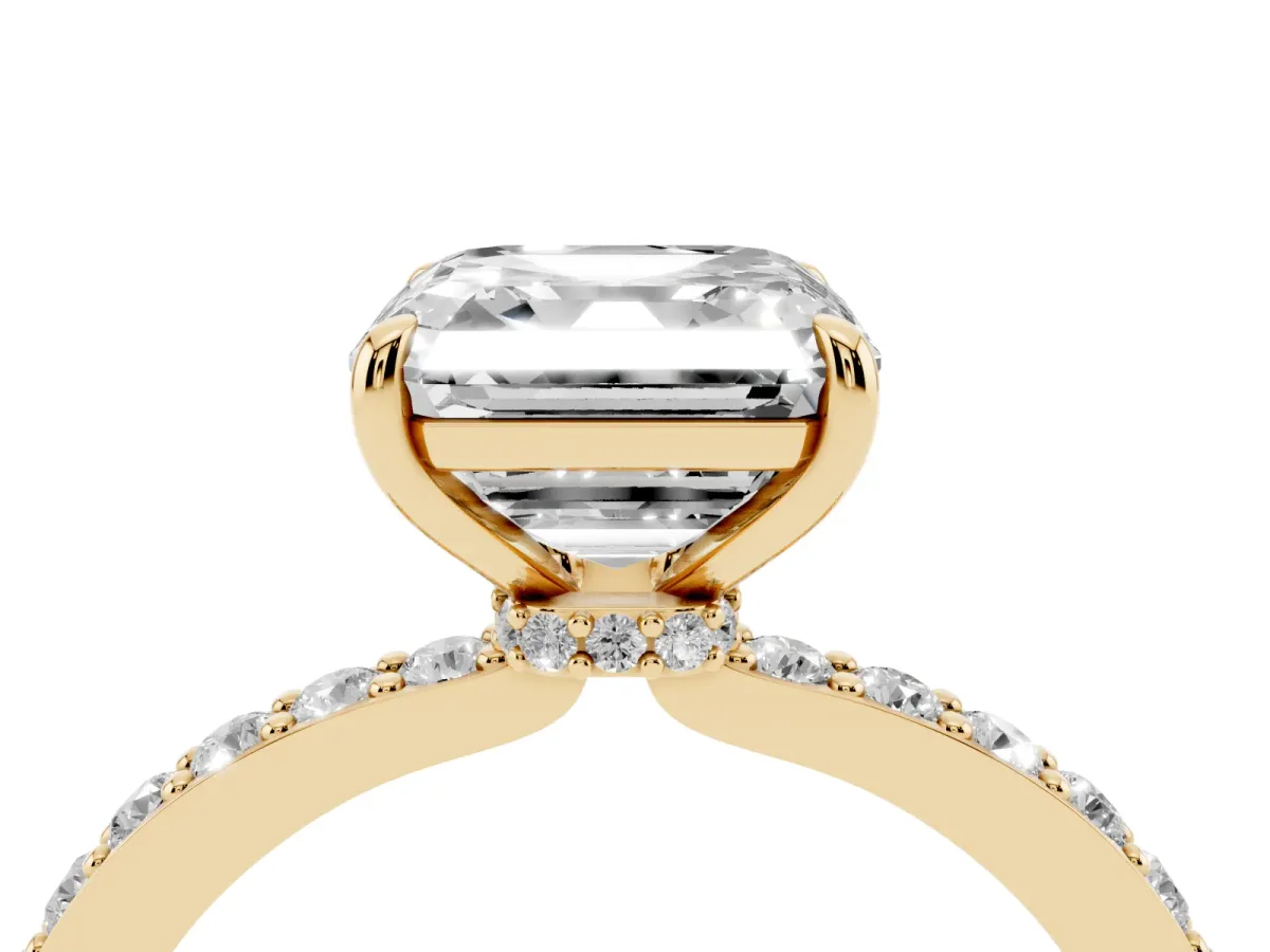 Asscher Cut Diamond Solitaire Engagement Ring with Pavé Band and Four-Prong Setting Yellow gold
