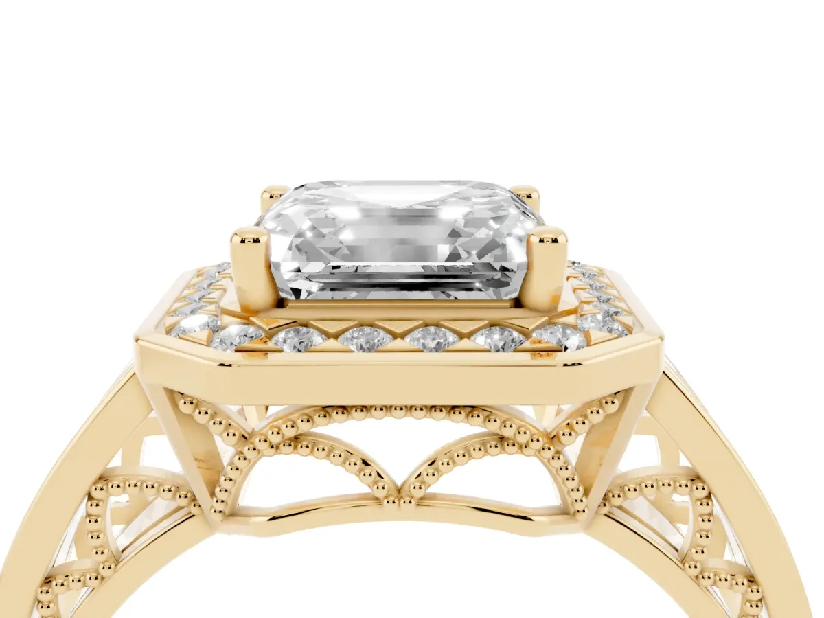 Asscher Cut Diamond Halo Ring with Split Shank and Bezel Accents and Prong Setting Yellow gold