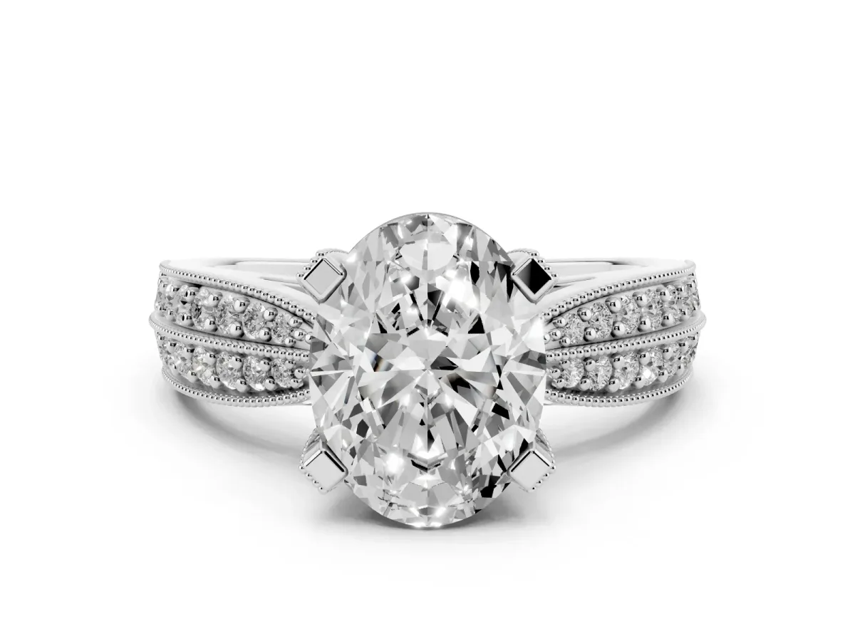 Oval Cut Diamond Solitaire Ring with Milgrain Round Pavé Band and Prong Setting Platinum