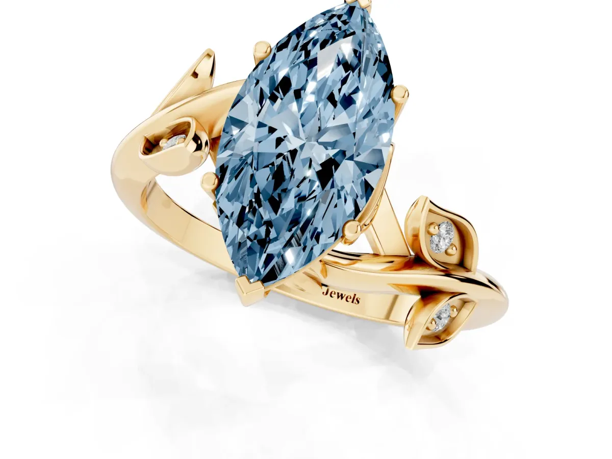 Fancy Blue Marquise Cut Solitaire Twist Engagement Ring with Leaf Accents and Prong Setting Yellow gold
