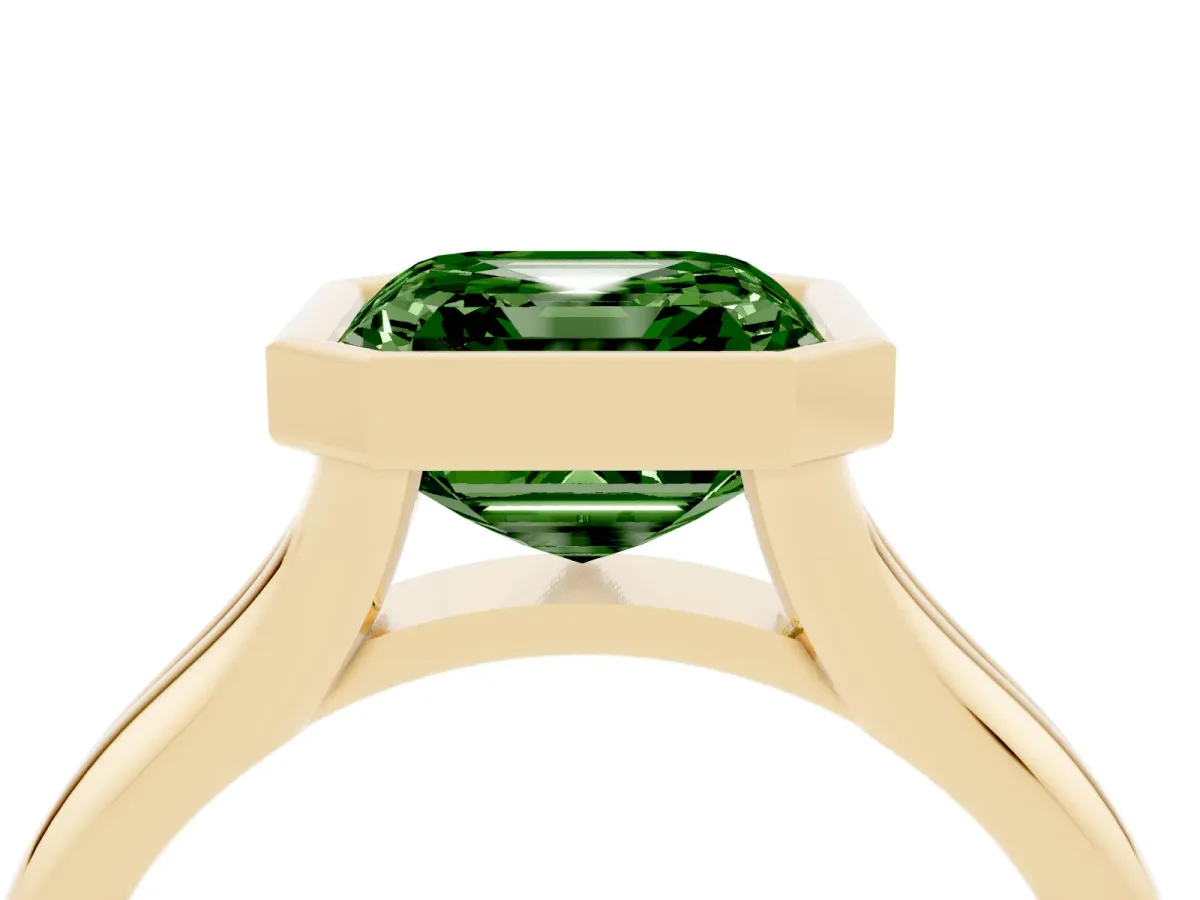 Fancy Green Bezel Set Asscher Cut Solitaire Diamond Ring with Smooth Band Yellow gold