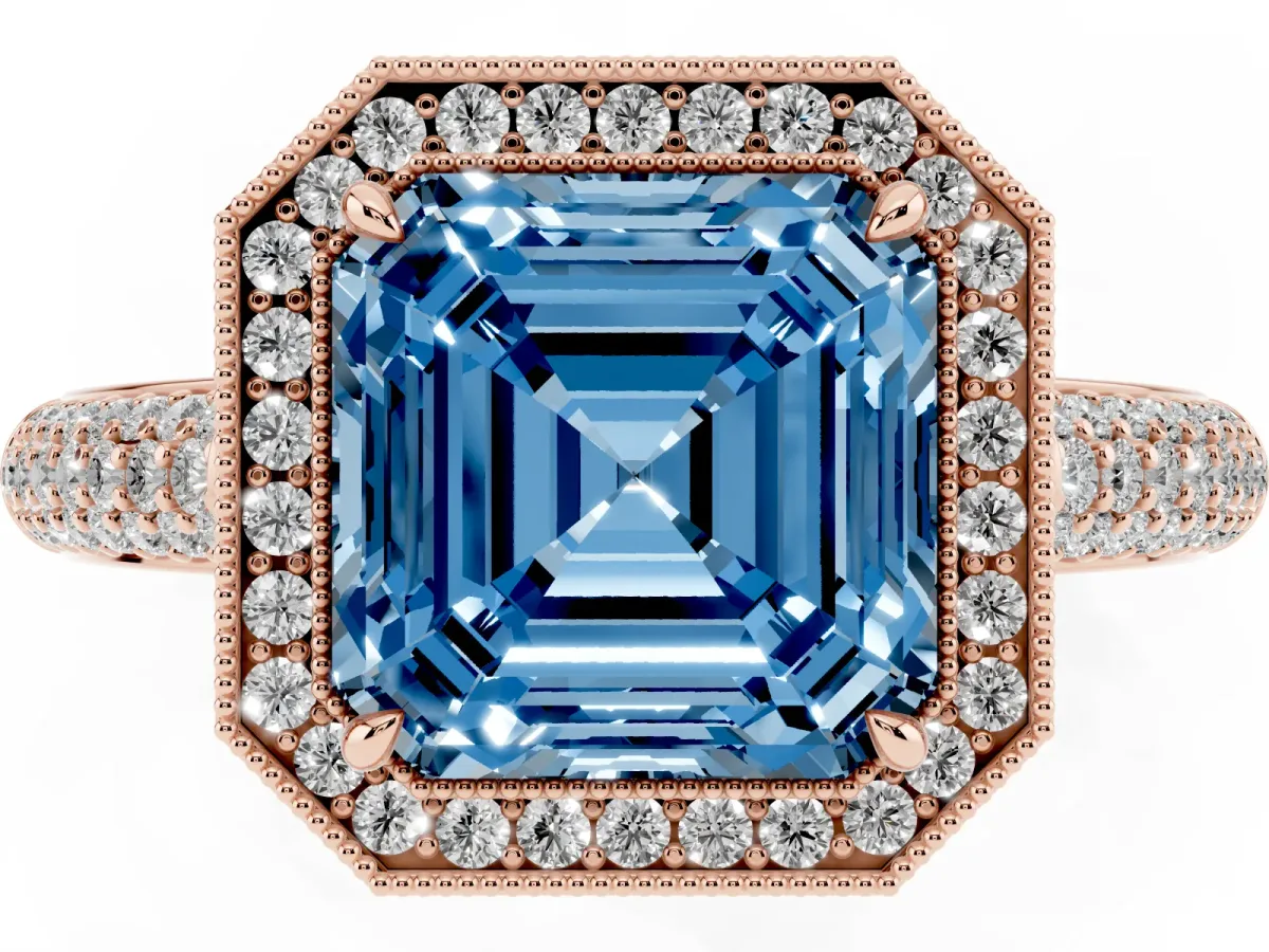 Fancy Blue Asscher Cut Cut Halo Diamond Pave Band with Four-Prong Setting Rose gold