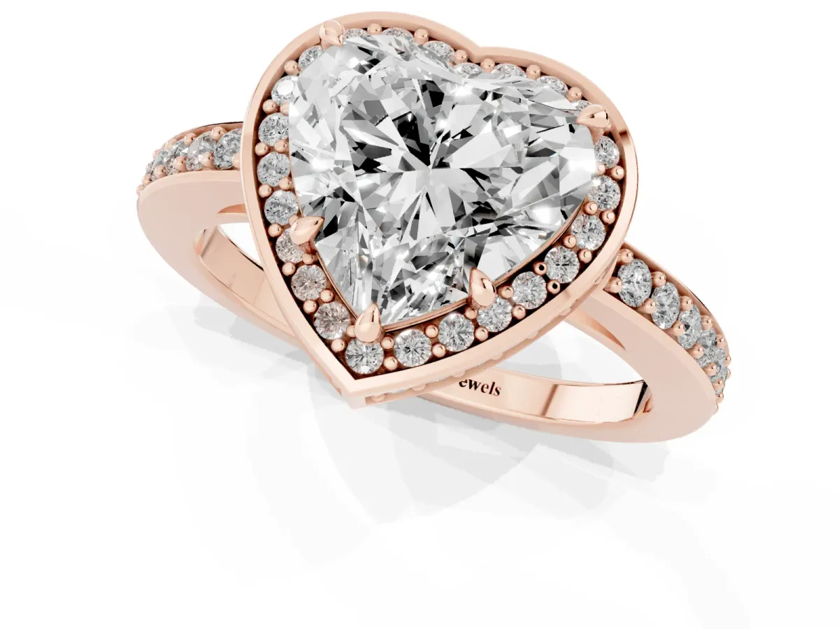 Heart Cut Halo Pave Band Solitaire Ring with Prong Setting Rose gold