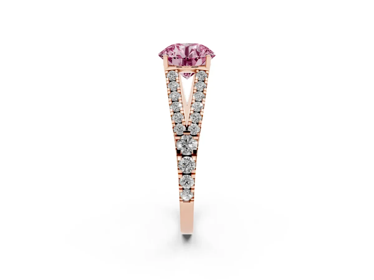 Fancy Pink Round Cut Diamond Split Shank Pavé Engagement Ring with Four-Prong Setting Rose gold