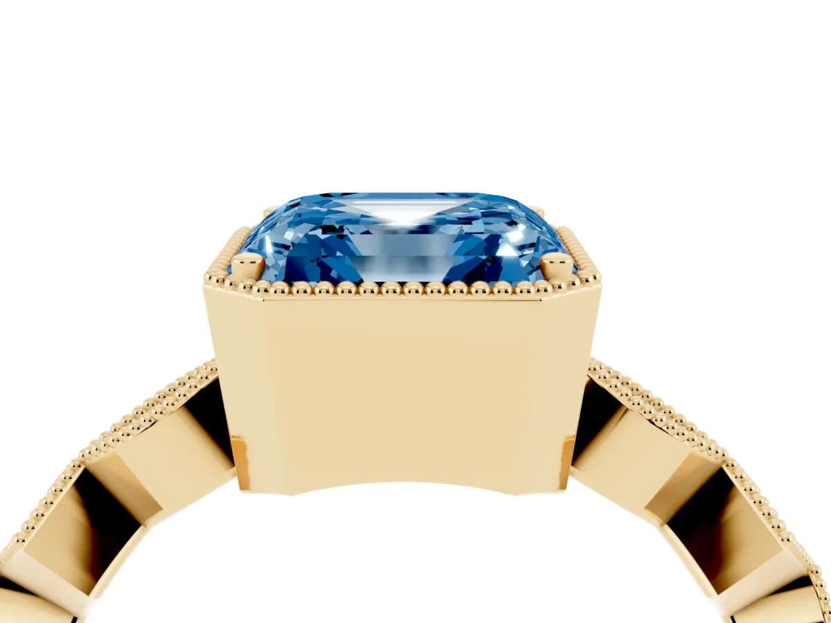 Fancy Blue Asscher Cut Milgrain Marquise Diamond Twist Band Ring Yellow gold