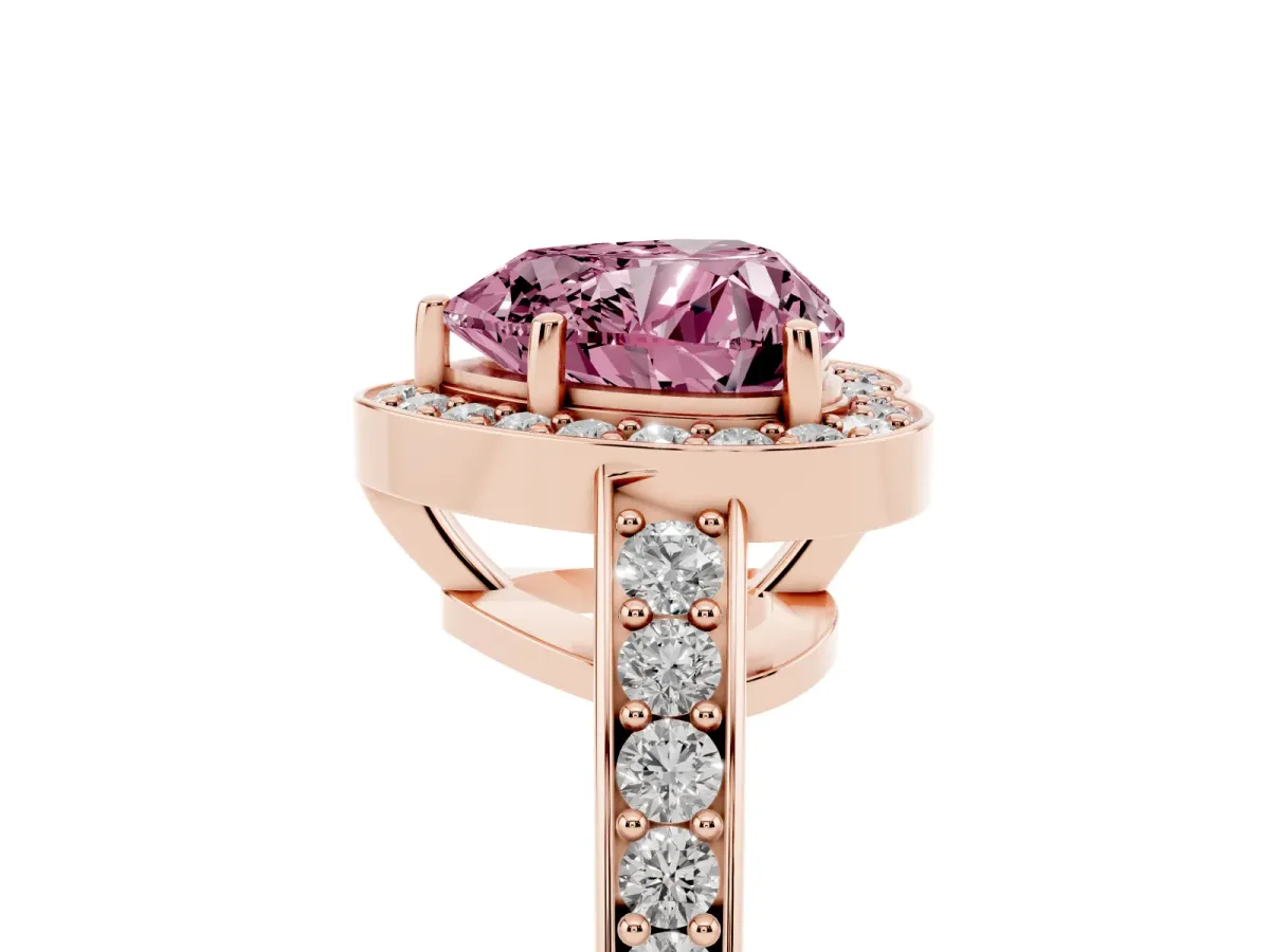 Fancy Pink Heart Cut Halo Pavé Diamond Engagement Ring with Bezel Setting Rose gold