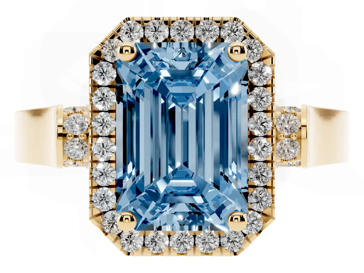 Fancy Blue Emerald Cut Halo Pave Split Shank Prong Setting Ring Yellow gold