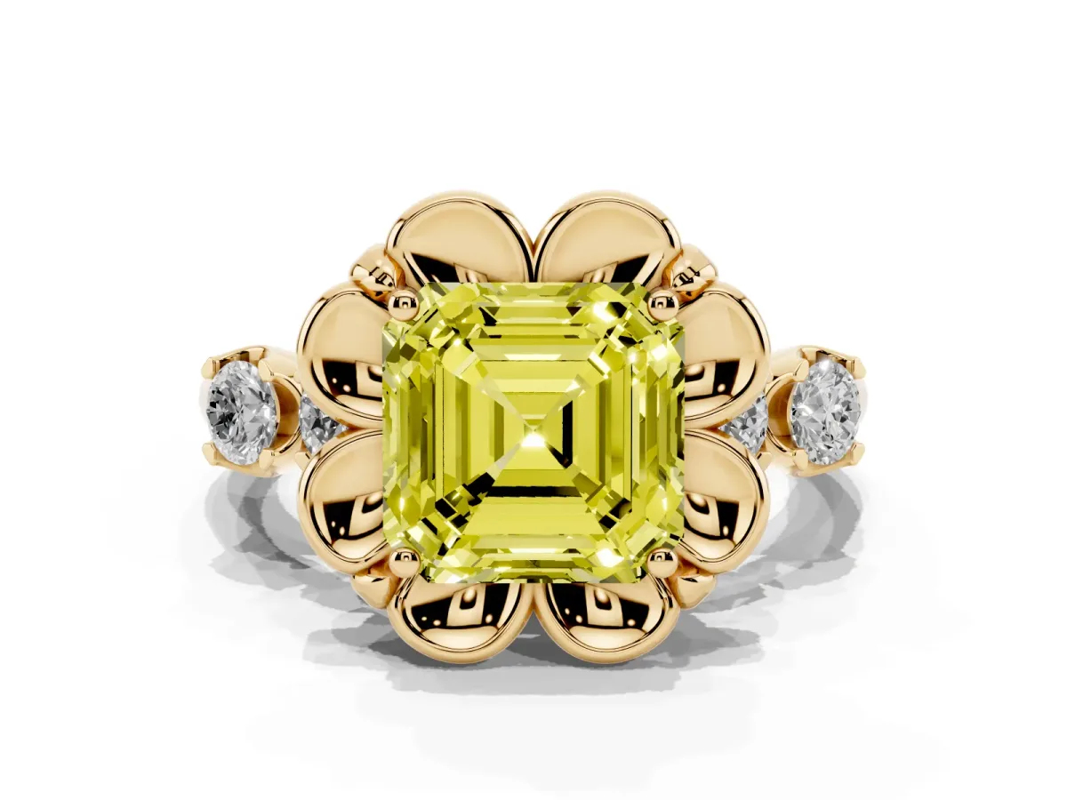 Fancy Yellow Asscher Cut Cut Diamond Floral Halo Engagement Ring with Shared Prong Setting Yellow gold