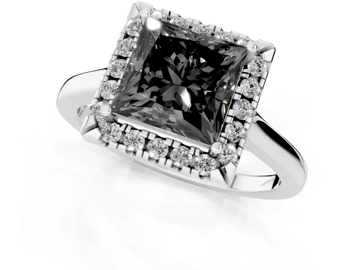 Fancy Black Princess Cut Halo Round Diamond Solitaire Ring with Pavé Band and Four-Prong Setting White gold